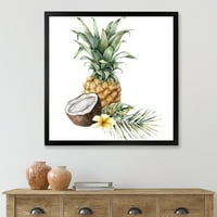 DesignArt 'Ананас со Плумерија кокос и палми лисја' Традиционално врамен уметнички принт