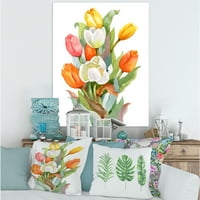 Цветање портокалови и бели лалиња со цвеќиња со цвеќиња на платно уметничко печатење