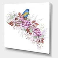 Малку сина птица што седи на шарен букет цвеќиња што сликаат платно уметничко печатење