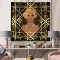 DesignArt 'Retro Girl in Golder Art Deco Geometrics III' Современ принт на природно бор дрво