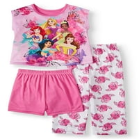Девојки за дете на Дизни принцеза, лабави се вклопуваат во пижами со краток ракав, сет на ПЈ