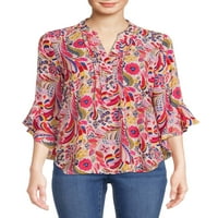 Цветната блуза со пионер со рафлени ракави, жени
