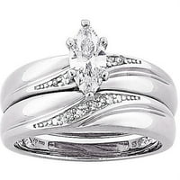 1. Carat T.G.W. Marquise CZ и дијамантски акцент венчален прстен поставен во стерлинг сребро