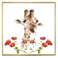 Дизајн Портрет на жирафа со црвени цвеќиња I 'Фарма куќа врамена платно за печатење на wallидни уметности