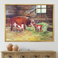Телиња со близнаци со новороденчиња со крава на фармата, врамена слика за сликање на платно, уметнички принт